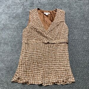 VTG Pendleton Top Womens 10 Brown Stretch V Neck Grid Pattern Pleated Sleeveless